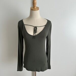 Hollister Long Sleeve Tie Front Top Olive Green Casual Blouse